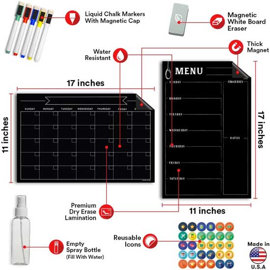 Chalkboard Fridge Calendar and Menu Set Features and Accessories